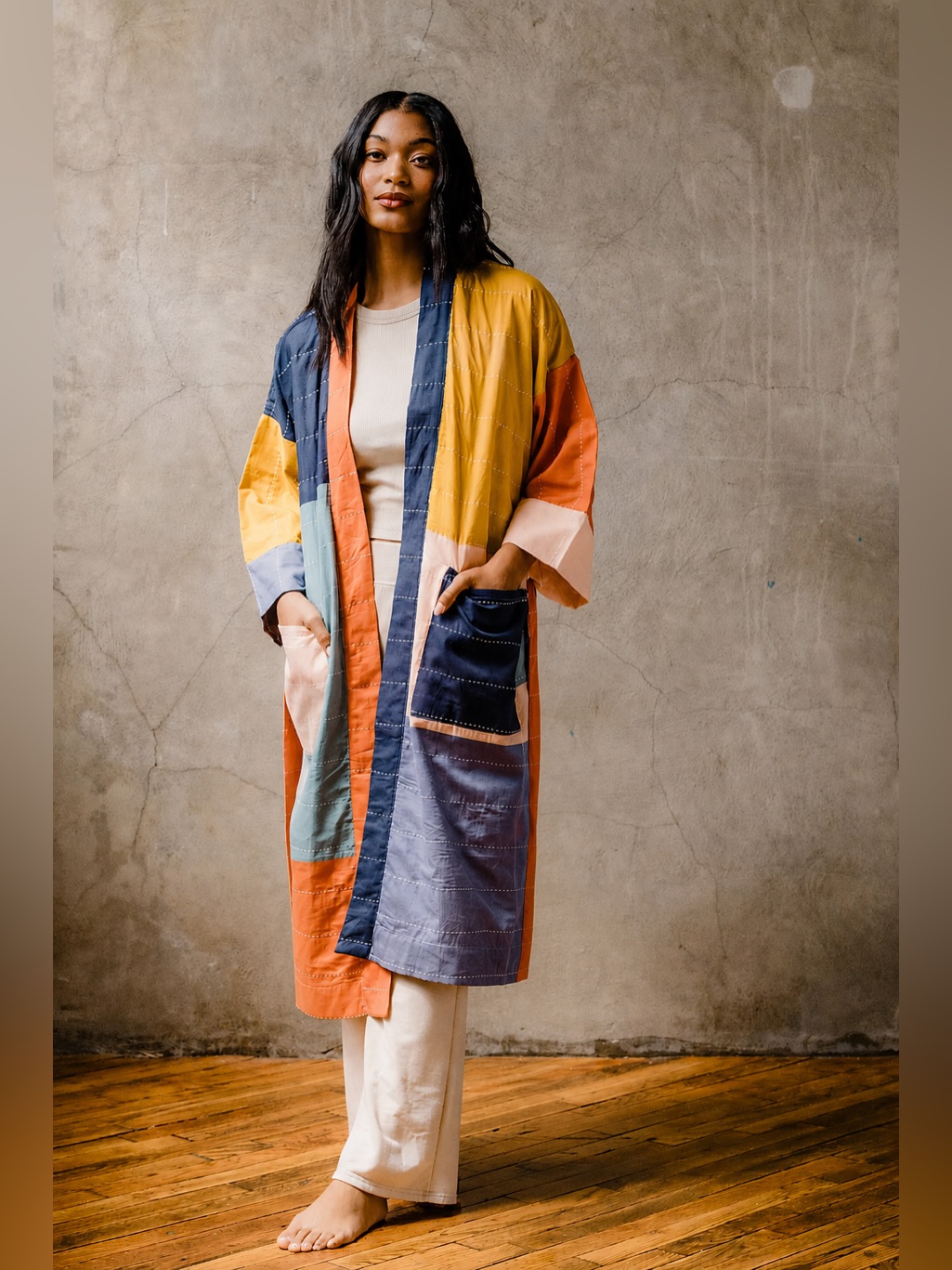 Free People X Anchal Color-Block Patchwork Kimono Robe Hand Embroidered Medium
